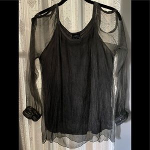 Charcoal gray silk and jersey “cold shoulder” top